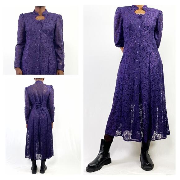 🥀 Vintage Purple Floral Lace High Neck Button Front Long Overlay Midi Dress Sz M - Picture 3 of 8